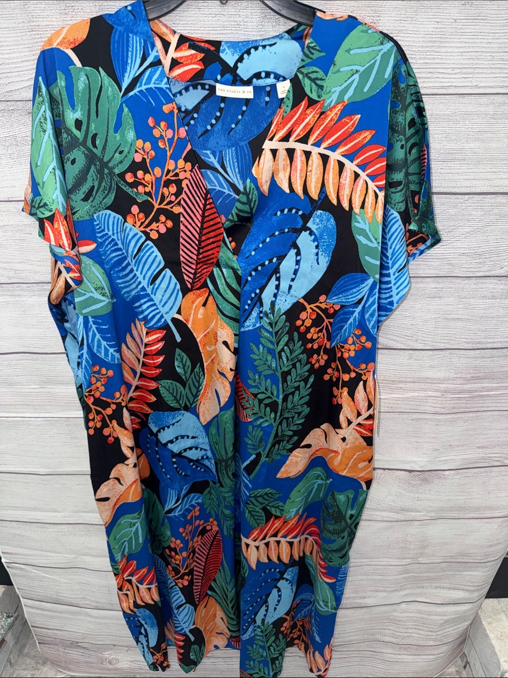 Tropical Print V-Neck Women's Pajama Dress — Blue Multi